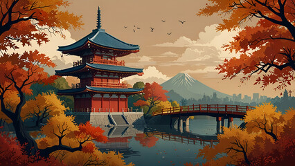 Obraz premium Illustration of Japan's famous landmarks surrounded by vibrant autumn scenery.