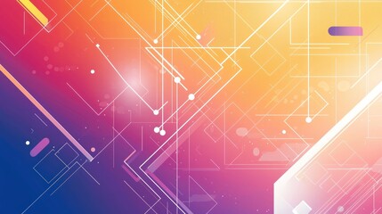 Gradient background with diverse geometric shapes and white vector lines in a colorful abstract composition