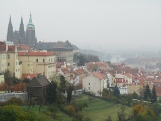 Obraz premium Prague, Czech Republic, Europe, November 07, 2014, Foggy vibes in Prague on a misty autumn day. View at Pražský hrad, Prague Castle. Fog in castle district Hradcany