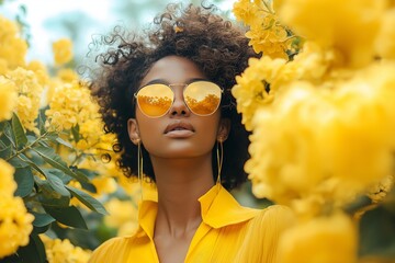 A woman in a vibrant yellow outfit standing amidst blooming yellow flowers outdoors, representing happiness and energy.