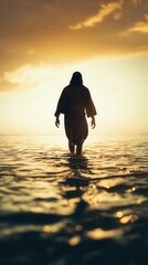 Jesus standing on water with serene expression, glowing light reflecting on calm waves, biblical miracle