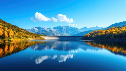 Fototapeta premium A serene landscape with a tranquil lake mirroring the blue sky and majestic mountains, surrounded by colorful autumn foliage.