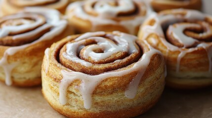 Fototapeta premium Delectable Photorealistic Cinnamon Rolls with Creamy Icing Close-Up Shot
