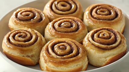 Fototapeta premium Gourmet Cinnamon Rolls - Delicious Glazed Pastries with Fluffy Interior in High-Quality Image