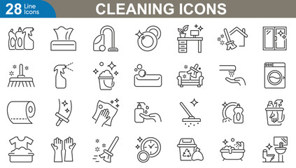 Cleaning icons set. Broom, mop, sponge, bottle, bucket, dustpan, brush, washing, machine, cleaner and more. vector illustrator.
