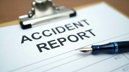 Accident report document with pen and glasses on a clipboard