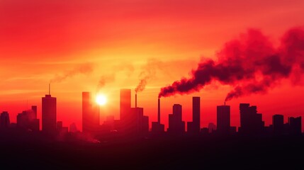 Fototapeta premium A stunning skyline at sunset with vibrant hues and smoke rising from buildings, symbolizing urban industry and beauty.
