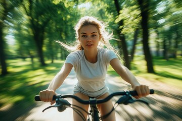 Naklejka premium Woman cycling in sunny park with motion blur