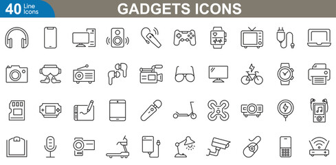 Gadgets icons set. Smartphone, tablet, laptop, watch, earbuds, gaming, drone, camera, speaker, USB, power bank and more. vector illustrator.