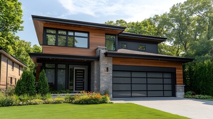 Obraz premium Modern two-story house with large windows, a black garage door, and wood accents