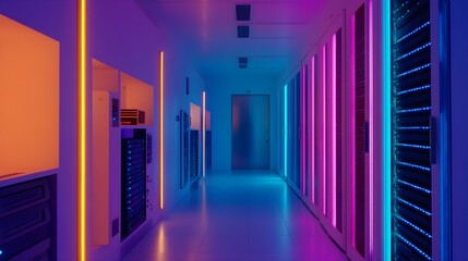 Fototapeta premium A modern server room filled with high-tech equipment, illuminated by soft LED lights, against a light solid color background
