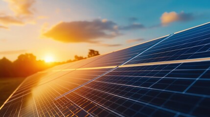 A stunning sunset view over solar panels, showcasing sustainable energy and nature's beauty in a harmonious setting.