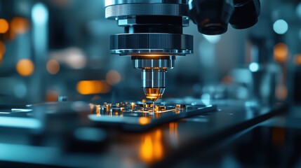 Precision engineer measuring micro-scale accuracy in a dimly lit laboratory with focused spotlights, emphasizing the clear details of tiny, delicate instruments.
