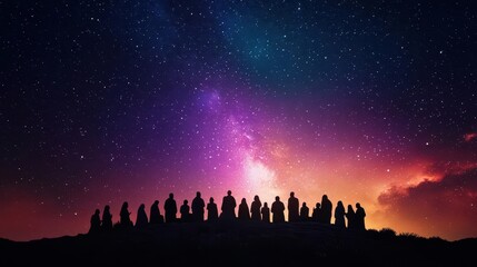 Worshippers singing hymns under a starfilled sky, raising their voices toward heaven in unity