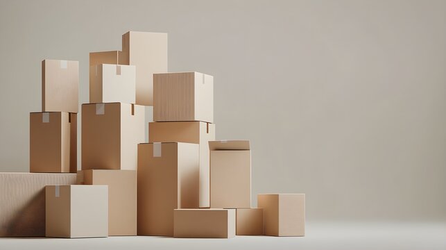 A collection of neatly stacked cardboard boxes in various sizes on a light solid color background, ideal for packaging concepts