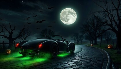Halloween Night Drive: Gothic Roadster Under a Ghostly Green Moon with Bats and Fog car green blue