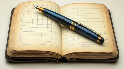 Naklejka premium Vintage Notebook with Gold Trim Fountain Pen