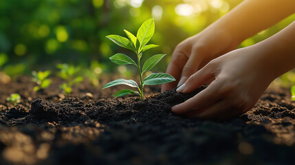 Fototapeta premium Hand Planting Seedling in Soil Nature Conservation and Growth Concept