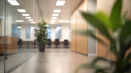 Fototapeta premium Blurred background of a modern office hallway, emphasizing its open space and contemporary style