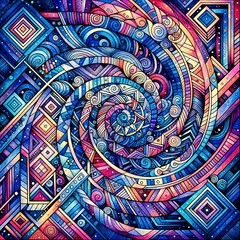 A mesmerizing array of geometric shapes and swirls blend together in vibrant hues of blue, pink, and purple, creating a hypnotic visual experience. As intricate patterns spiral inward, (Gen, A.I.)