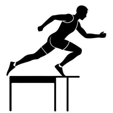 recommend clip art: Male athlete runner at the moment of jumping over an obstacle silhouette vector illustration 
                    
