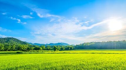 A serene landscape featuring a clear blue sky and lush green fields, promoting a sense of peace and eco-friendliness