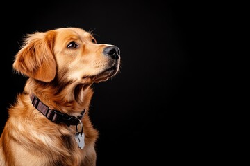 Portrait of a golden retriever, showcasing its gentle demeanor and beautiful fur against a black background.
