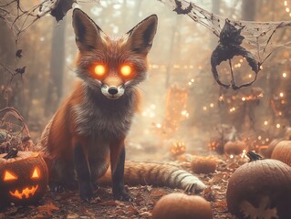Eerie fox with glowing eyes amidst pumpkins and autumn decor in a misty forest, perfect for Halloween themes.