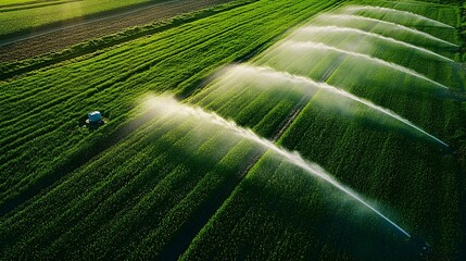 Aerial view of a vibrant green agricultural field being irrigated, with water spraying in arcs from modern irrigation equipment, showcasing the efficiency of water management