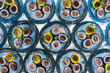 Cross section multicore electric cable with copper cords, insulated for high-voltage power systems, close-up view
