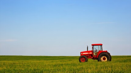 Obraz premium A bright red tractor parked in a green field with a clear blue sky in the background