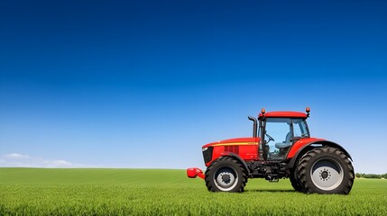 A bright red tractor parked in a green field with a clear blue sky in the background