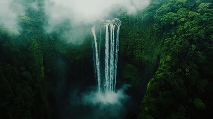 aerial drone footage: Drone video capturing a massive waterfall in a dense jungle, with water cascading down and mist rising, showing the power and beauty of nature