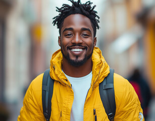 Naklejka premium Portrait of a happy young Black man wearing a yellow jacket and white T-shirt with a backpack, standing on a city street and enjoying a travel vacation or holiday. 