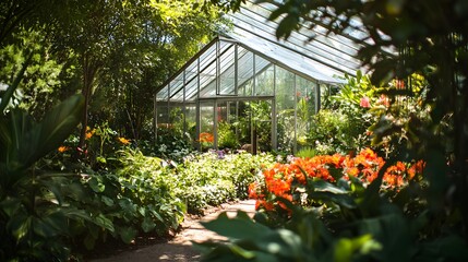 A modern greenhouse nestled in a lush garden with vibrant plants and flowers, bathed in natural light