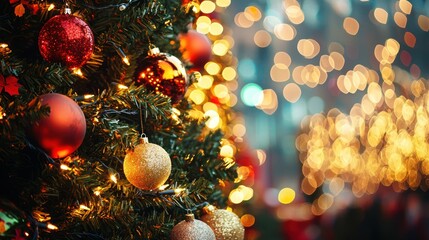 Sparkling Christmas tree lights against a backdrop of festive decorations