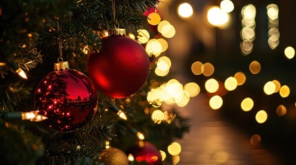 Glowing Christmas lights decorating a beautifully adorned tree