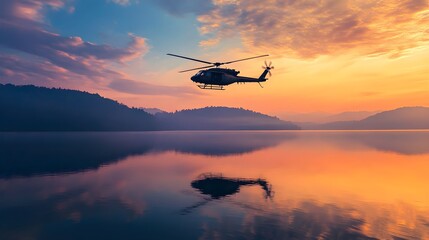 Fototapeta na wymiar A military helicopter flying above a calm lake during sunset, symbolizing strength and serenity
