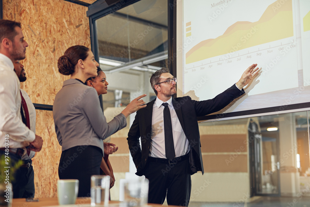 Poster Boardroom, analysis and group in meeting, monitor and controller with financial report and teamwork. Business, speaker and people in office, listening and discussion of sales and presentation