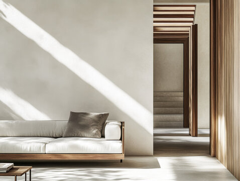 Modern minimalist interior design with neutral tones, wood accents and elegant furniture. Luxury interiors composition.