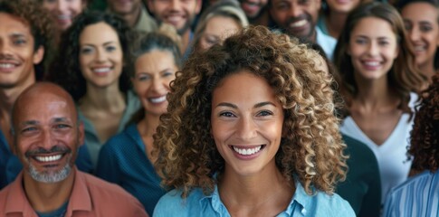 Obraz premium Diverse group of smiling people with a joyful expression in a vibrant outdoor setting