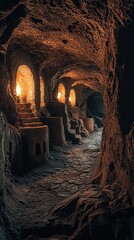 A captivating underground cave with illuminated lanterns, showcasing unique rock formations and a mysterious ambiance.
