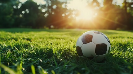 Fototapeta premium A close-up of a soccer ball resting on a lush green field, with soft sunlight illuminating the scene