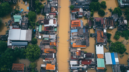 flood situation in city from top view 