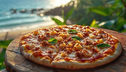 Hawaiian pizza on beach background. Close up