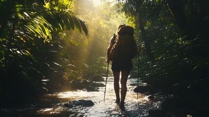 A solo traveler hiking through a lush forest, sunlight filtering through the trees, capturing the essence of adventure