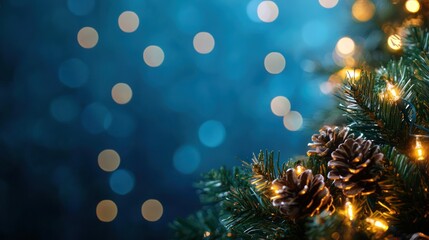 Glowing Christmas garland and blurred bokeh lights set against a deep blue background