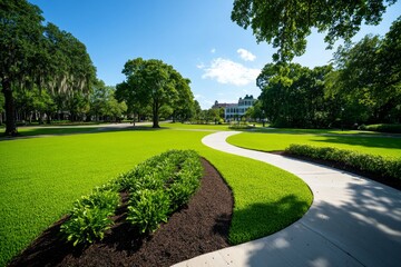 Fototapeta premium Savannah Green Spaces illustrated in a clean infographic, focusing on parks, gardens, and outdoor activities like Forsyth Park and the Historic Districtâ€™s iconic squares