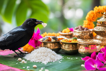 A crow eats rice offerings during the Pitru Paksha ritual, representing ancestral feeding.