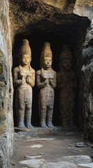 An ancient underground tomb, with towering stone statues guarding the entrance 